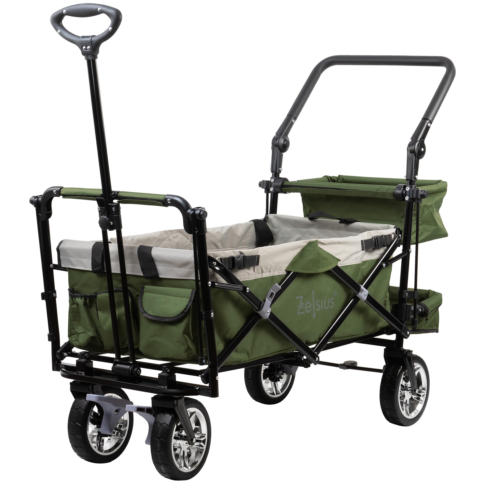 Zelsius Chariot de transport pliable avec toit | Vert/gris | Chariot de transport avec système de sangle | Chariot à main pliable | Chariot de jardin pliable avec toit pare-soleil et diable de