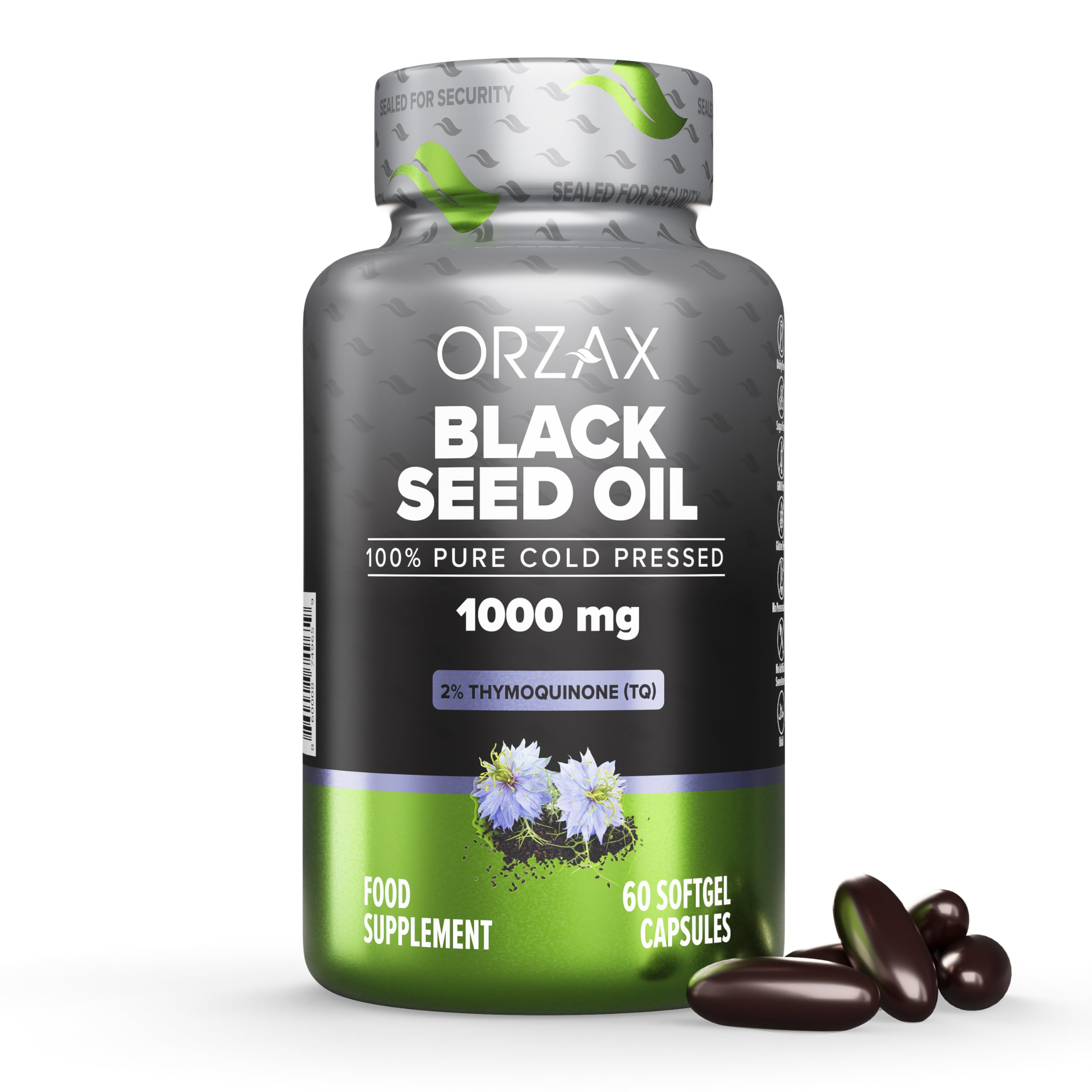 ORZAX 1000 mg Black Seed Oil Organic Cold Pressed Capsules with 20mg Thymoquinone for Immune Support, Good Hair, Skin, and Joints (60 Soft Gel Capsules)