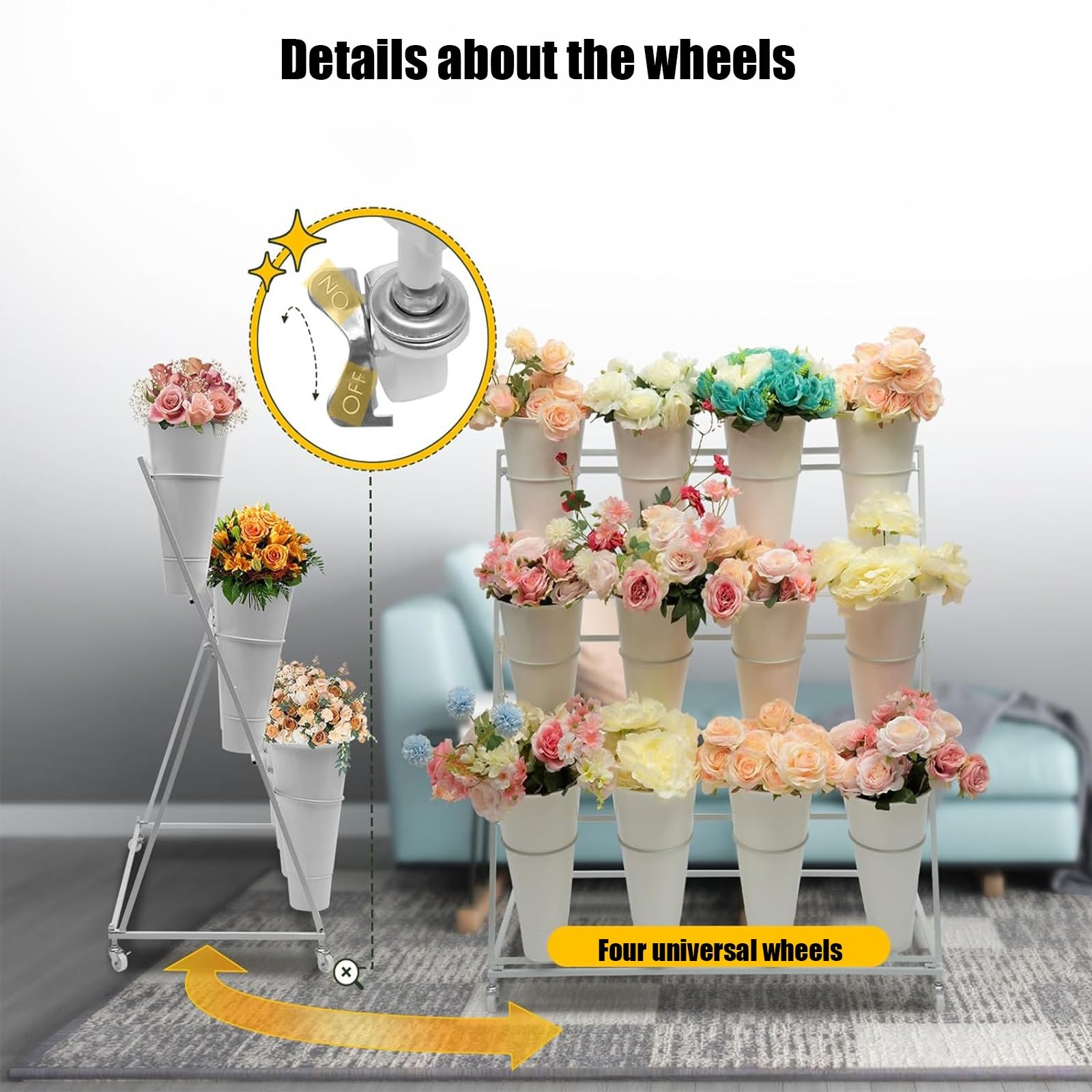 Espositore per fiori in metallo con ruote, scaffale floreale a 3 livelli per piante a 12 secchi, ideale per giardino, patio, eventi, matrimoni e vetrine di decorazioni per la casa
