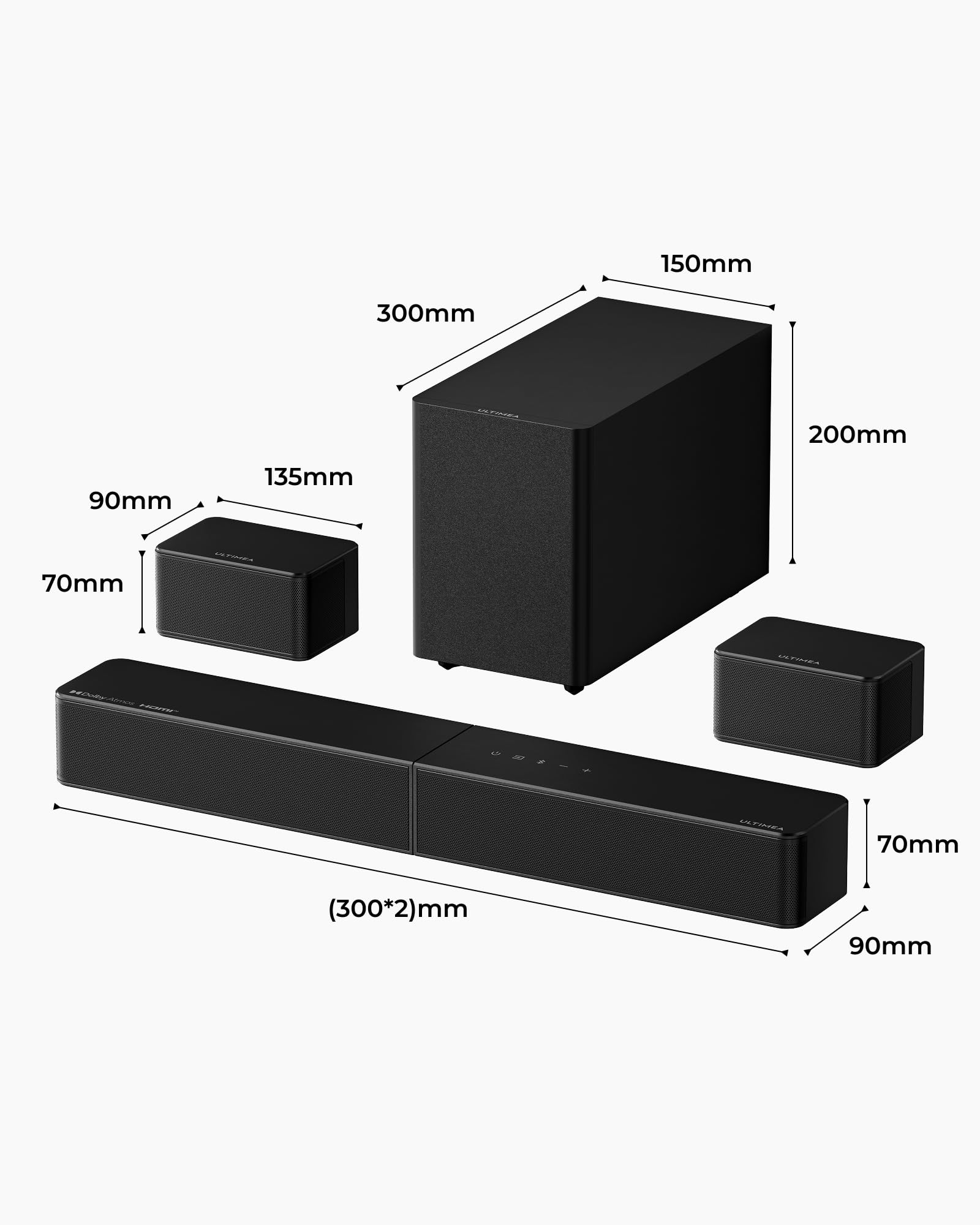 ULTIMEA 5.1 Barre de Son TV avec Dolby Atmos, Caisson de Basses sans Fil | 312W Crête Système Surround pour Home Cinema, HDMI eARC, 2 Enceintes Surround Filaires, Bluetooth 6.0, App, Poseidon M80