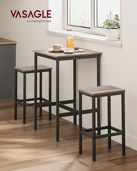 VASAGLE Bar Table Set with Stools, Dining Table with 2 Chairs, Small Kitchen Table, Bar Chairs, for Dining Room, Kitchen, Heather Greige and Ink Black LBT017B02 - 2