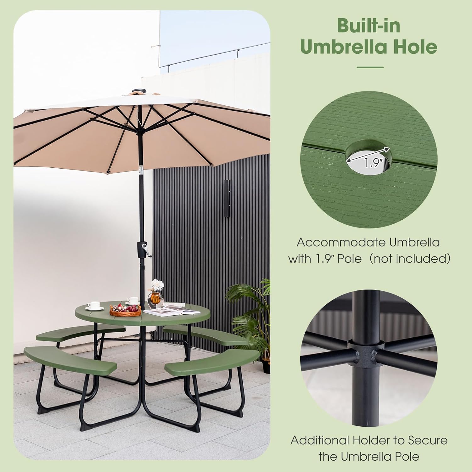 Giantex Picnic Table Set for Up to 8 Persons, Round Outdoor Table and Bench Set with Umbrella Hole, HDPE Top & Metal Frame, 2000LBS Capacity, Patio Table Bench for Deck Backyard Garden (Green)
