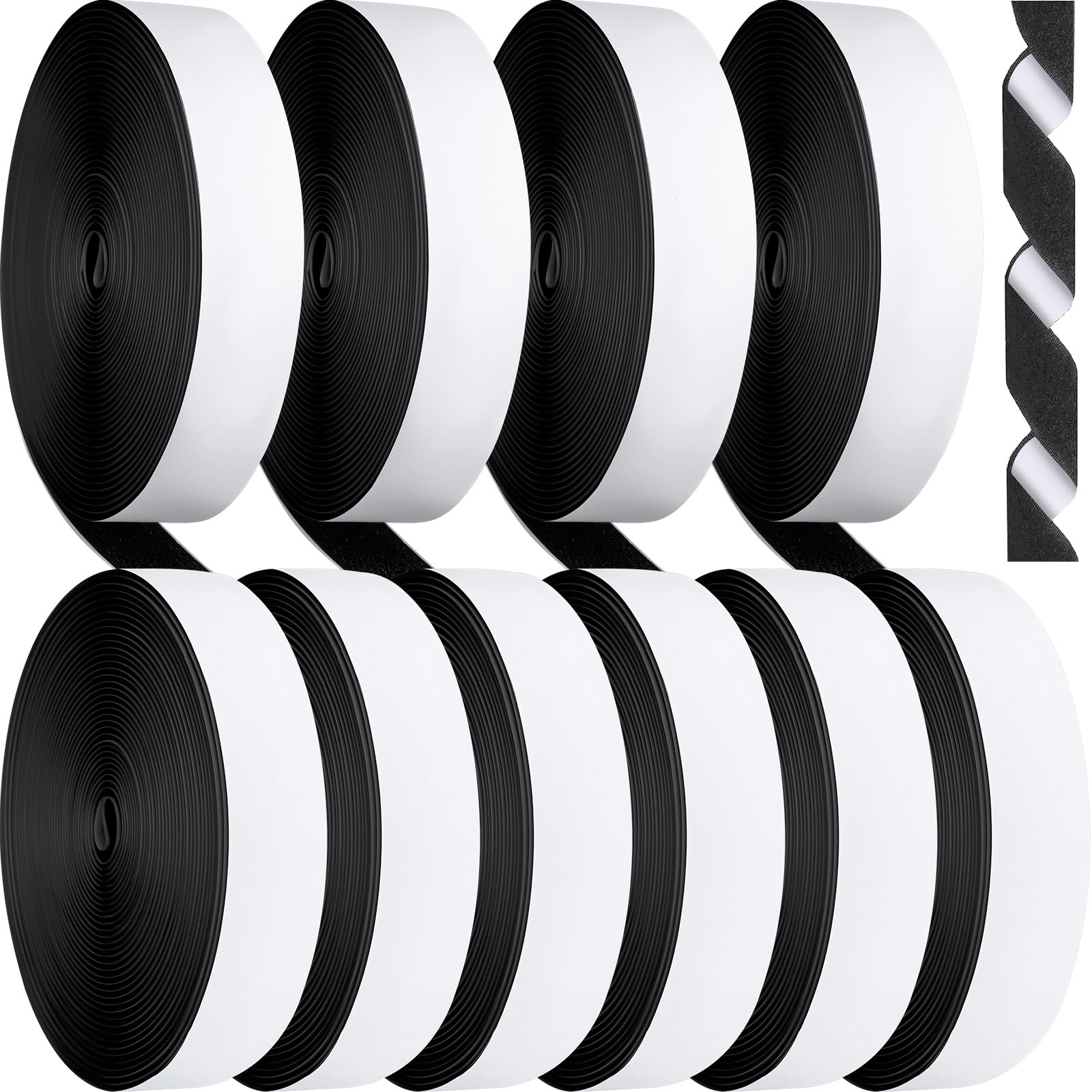 Qeeenar 10 Rolls 1 Inch x 260 ft Hook and Loop Tape Self Adhesive Strips with Adhesive Heavy Duty Double Sided Hook Loop Fastener Roll for Home Office School and Crafting Organization(Black)