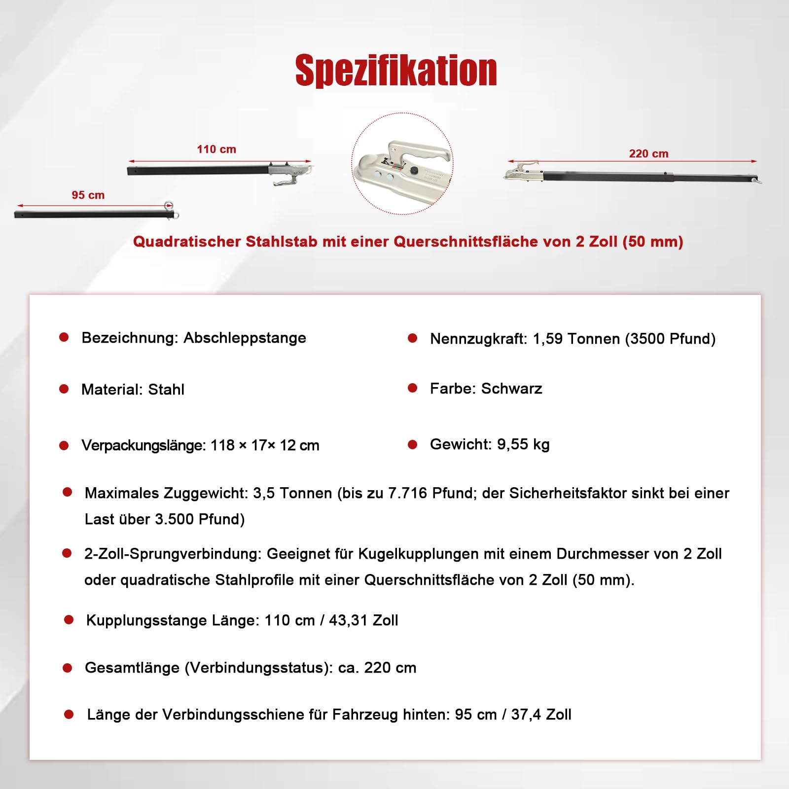 Abschleppstange mit kugelkopf, 3.5T Zugkraft Gewicht, 50mm Anhängerkupplung