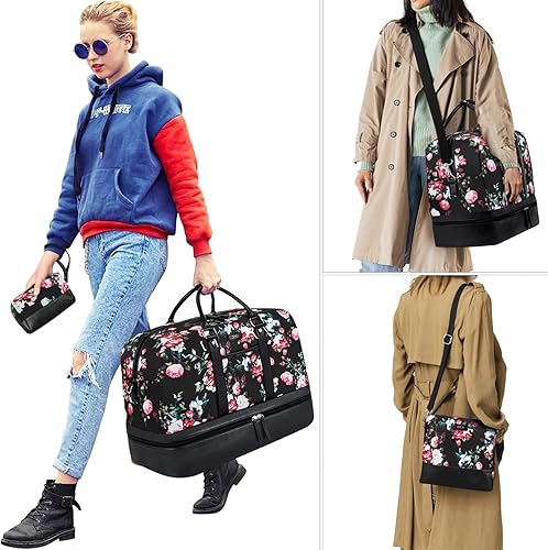 Miniatura 6 de Bolsas de fin de semana para mujer, bolsa grande de lona para viaje, bolsa de viaje con compartimento para zapatos, 21 pulgadas, juego de 3 piezas