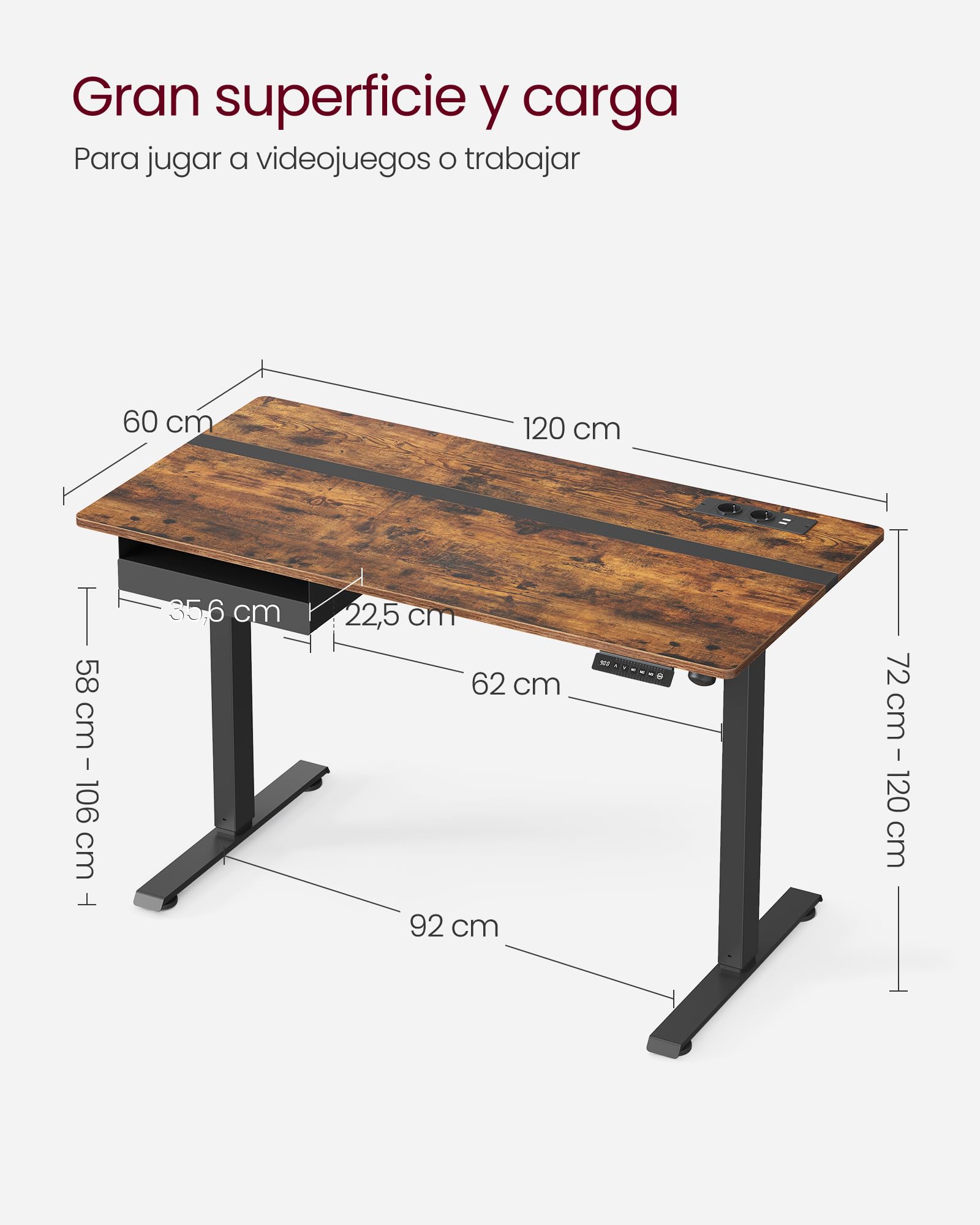 VASAGLE Escritorio Regulable en Altura, Mesa Regulable, Enchufe y Cajón, 60 x 120 cm de Encimera, Ajuste Continuo, 4 Funciones de Memoria de Altura, Marrón Rústico y Negro LSD112X01