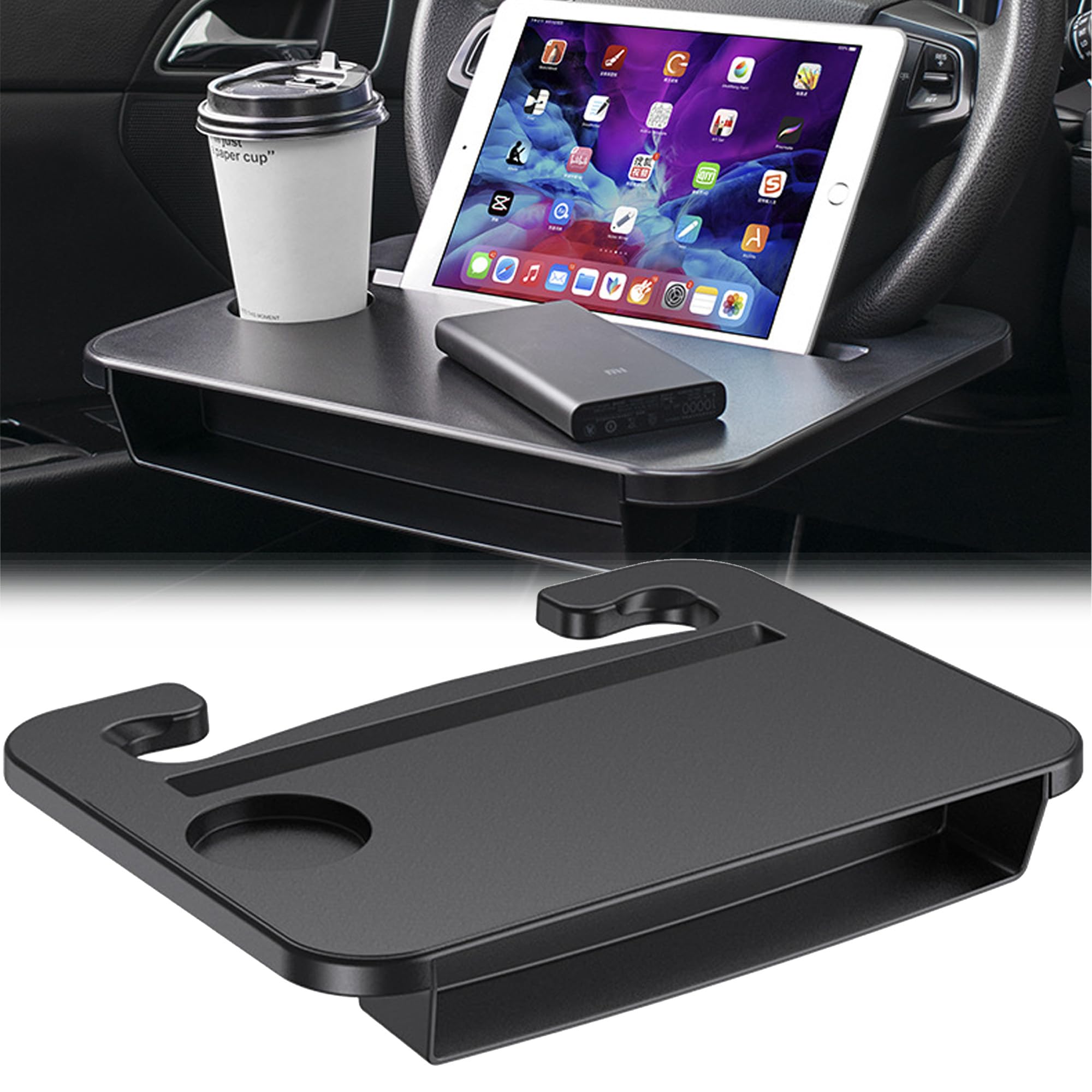 Table de Volant de Voiture, Plateau Fixable VolantVoiture Portable, Repas de Bureau en Voiture, Voiture Plateau Porte-gobelet, Noir Table de Volant de Voiture, Table Voiture Enfant Voyage