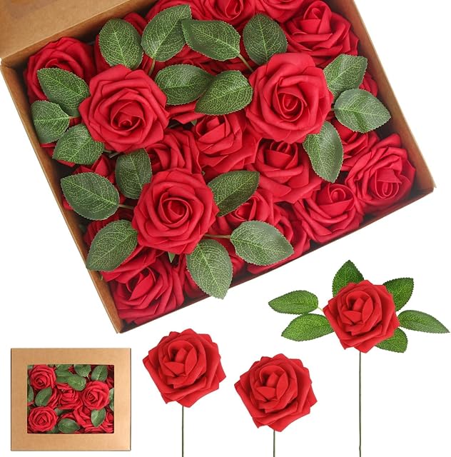 LOKIPA Artificial Red Rose Flower , 30Real Touch Fake Foam Roses With Stem for DIY Wedding Bouquets Centerpieces Arrangements Home Decorations
