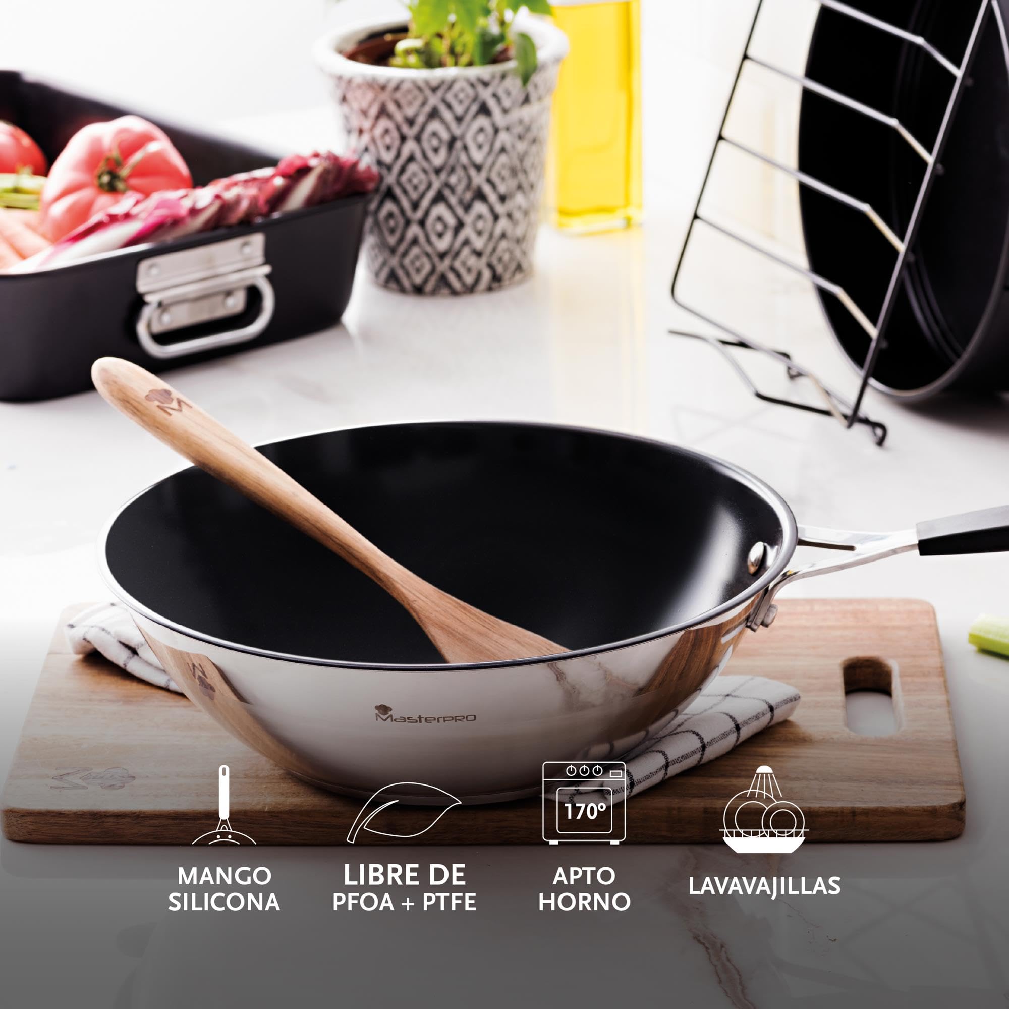 MasterPro Smart | 3 Padelle Antiaderenti di 20, 24 e 28 cm e Wok di 28 cm | Alluminio Forgiato | Manico Ergonomico | Kit di Padelle | Per Tutti i Piani Cottura