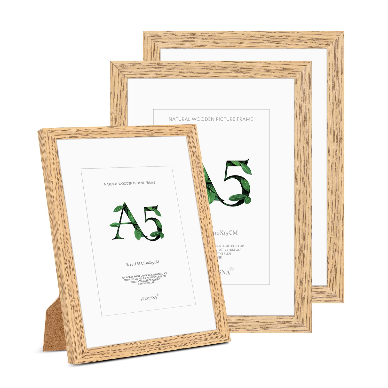 Tremisnaยฎ 3x A5(14.8x21cm) Natural Wood Picture Frame โ Removable Mat for 10x15cm Photos or A5 Without Mat, HD Perspex, Stand for Tabletop & Wall Hanging