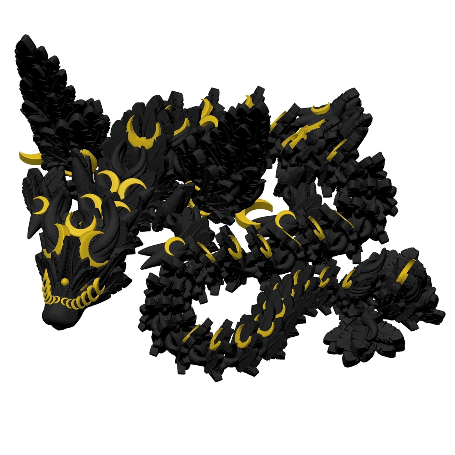 Articulating 3D Printed Lunar Dragon with Lunar Moon Design, Movable and Posable Lunar Dragon 3D Printed - Black and Gold