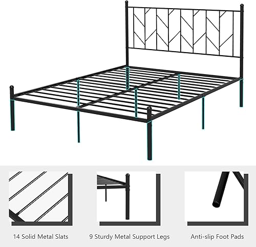 Miniatura 7 de Giantex Base de cama de metal negro Queen con cabecera de estilo victoriano, plataforma de cama de 12.5 pulgadas con soporte de 14 listones de