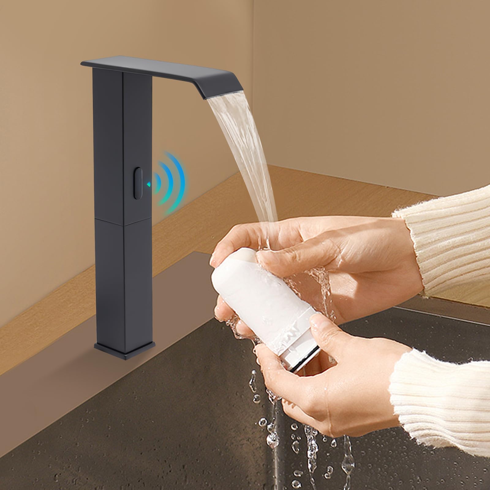 Grifo sensor automático negro, mezclador infrarrojo, caño alto cascada 27cm, latón resistente ahorro agua, válvula cerámica instalación fácil, para cocina cuarto de baño restaurante hotel