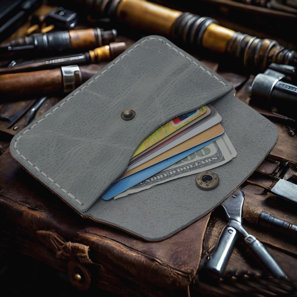 Handcrafted Premium Grey Leather Card Holder Wallet - Slim Design with Secure Closure and Vintage Style - Image 9