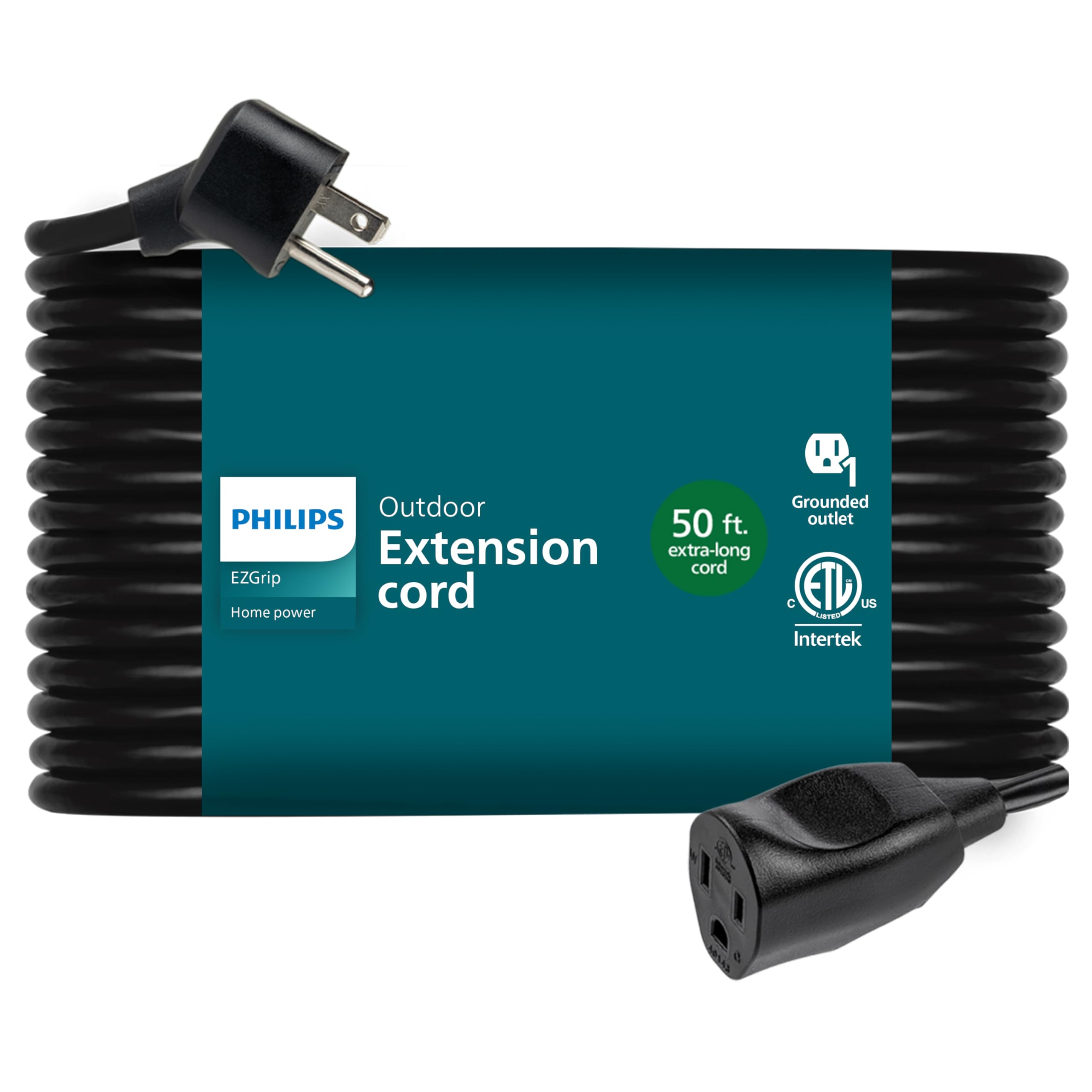 Philips EZGrip 1-Outlet Outdoor Extension Cord, Grounded 3 Prong Cord, Heavy Duty Extension Cord, 50 Ft, 16 AWG, Black, SPS3903B/37