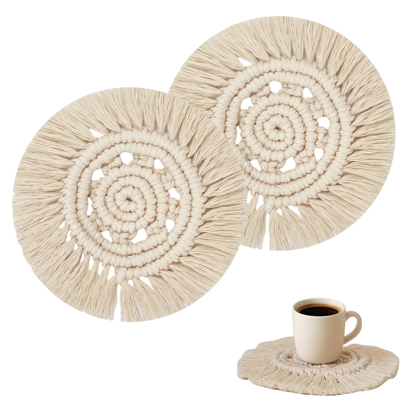 Photo 1 of **BAGGED** Boho Macrame Coasters Set of 2,Absorbent Coaster for Drinks, Round Handmade Woven Coasters for Boho Home Decor, CupCoasters for Office Desk, Kitchen, Dining Room, Bar (Hole-Beige(2pcs)/7.4in)