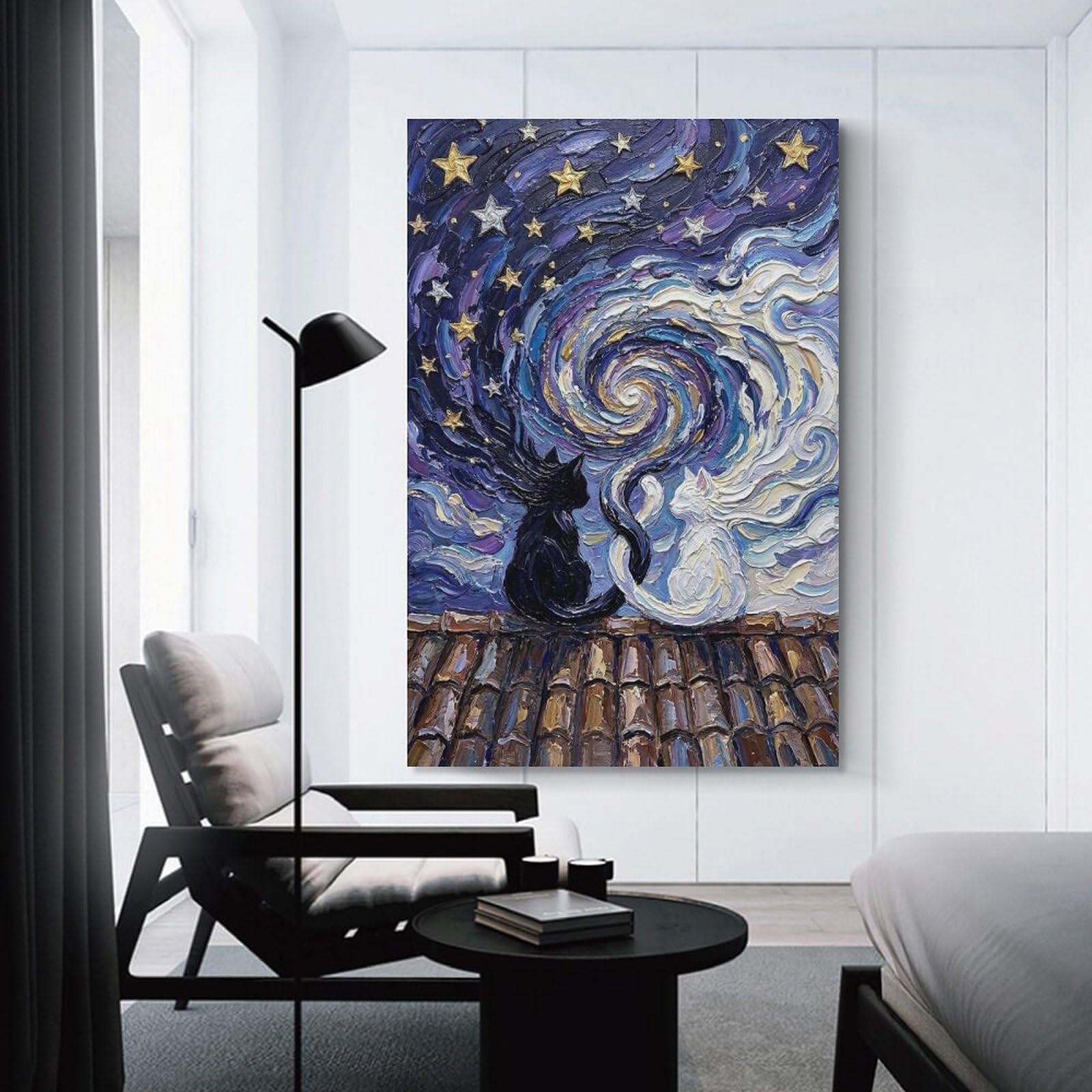 Junmoney Unframe-Style-1-1 Cats Under Starry Night Painting Hanging Wall Art, 12X18inch(30X45cm), For Gallery Wall Decor And Room Displays, Home Wall Art For Statement Displays