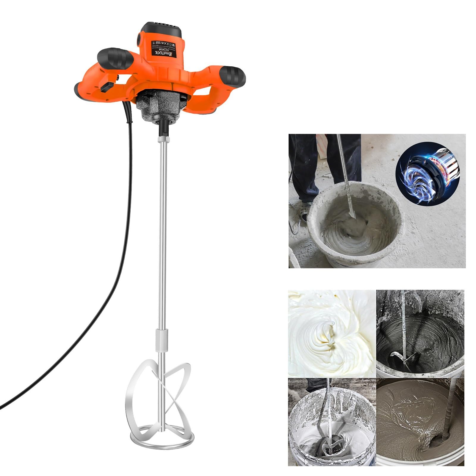 Mélangeur orange 2600 W pour peinture, béton, mortier, plâtre, colle et ciment, avec 6 vitesses, fonction de démarrage doux, interrupteur verrouillable, vitesse de rotation 0-1700 tr/min, avec - 1