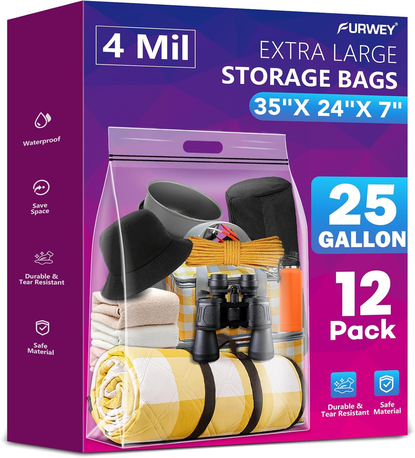 FURWEY 25 Gallon Extra Large Storage Bags 35”x 24”Resealable Clear Bags with Handle 4 Mil Thick Heavy Duty Big Bag for Clothes Pillow Travel Moving,Bedding,Shoes and Toys Storage, Pack of 12