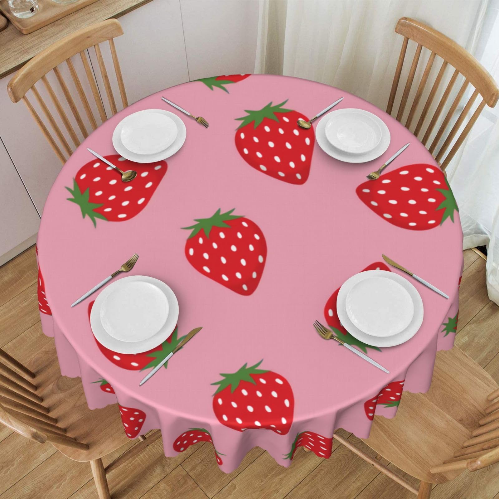 Rmqsyhfz Red Pink Strawberry Round Tablecloth 60 Inch Reusable Washable Table Cloth Cover for Kitchen, Dining Party,Holiday