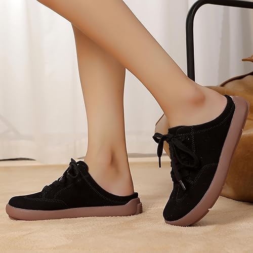 Miniatura 3 de UBFEN Pantuflas de piel de ante con soporte de arco para mujer, cómodas, para interiores y exteriores, con cordones
