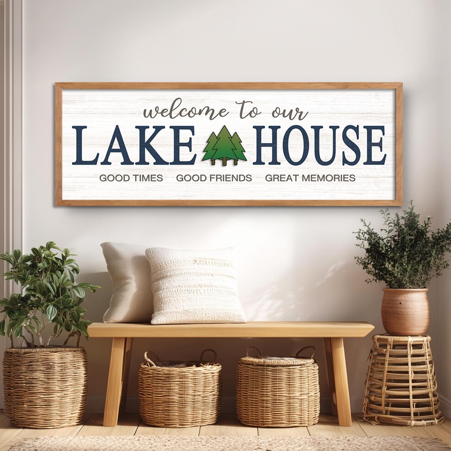Welcome to Our Lake House Wall Decor, 40x15 Inch Framed Lakeside Quote Sign Lake Cabin Decor, Farmhouse Lake Life Sign Lakehouse Gift Ideas for Beach House Cottage Bedroom Home (Natural）