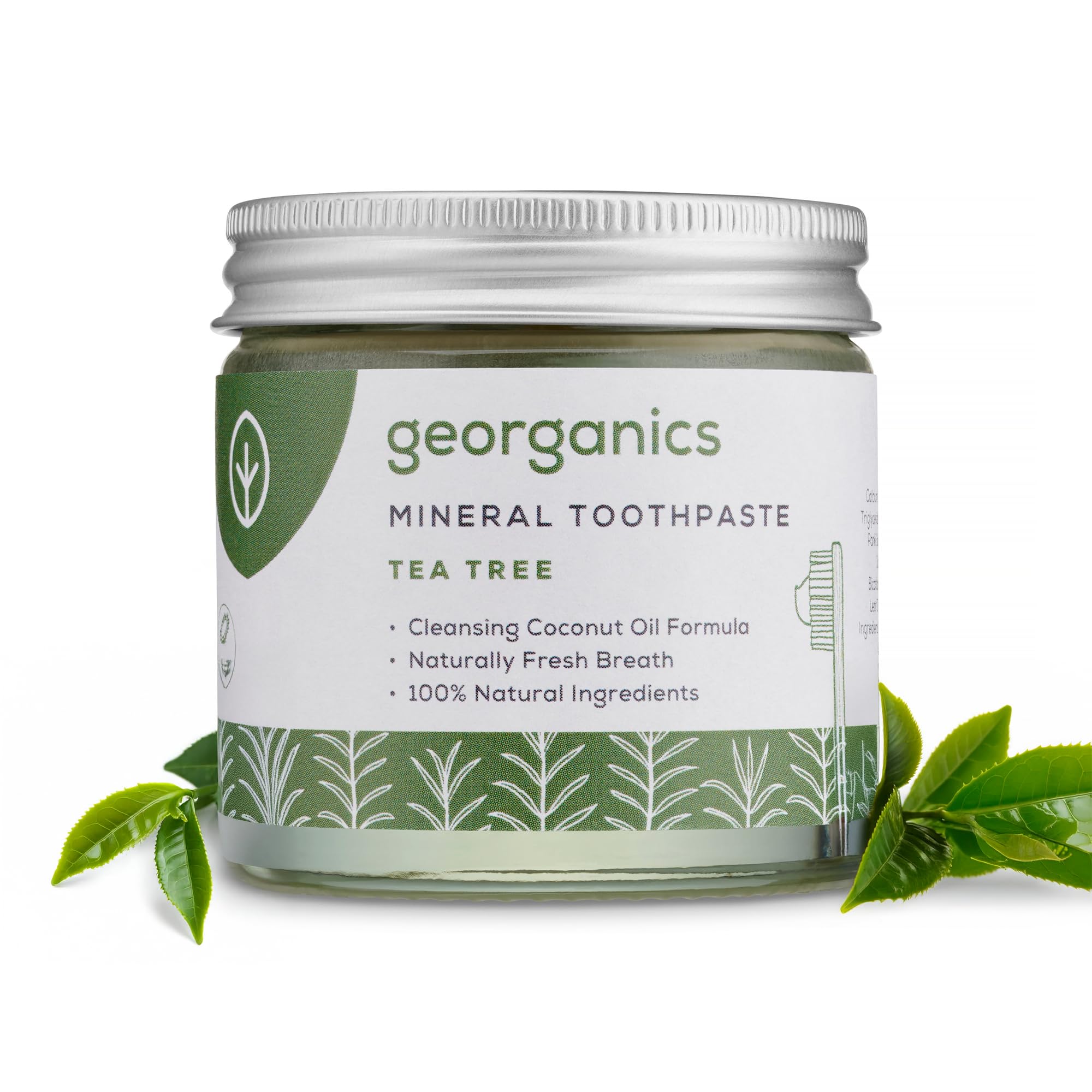 georganicsMineral Toothpaste - 60ml - Tea Tree Flavour - Fluoride, SLS & Glycerine Free - Non-Foaming Natural Toothpaste with Virgin Coconut Oil - Certified Cosmos Natural, Vegan and Cruelty-Free