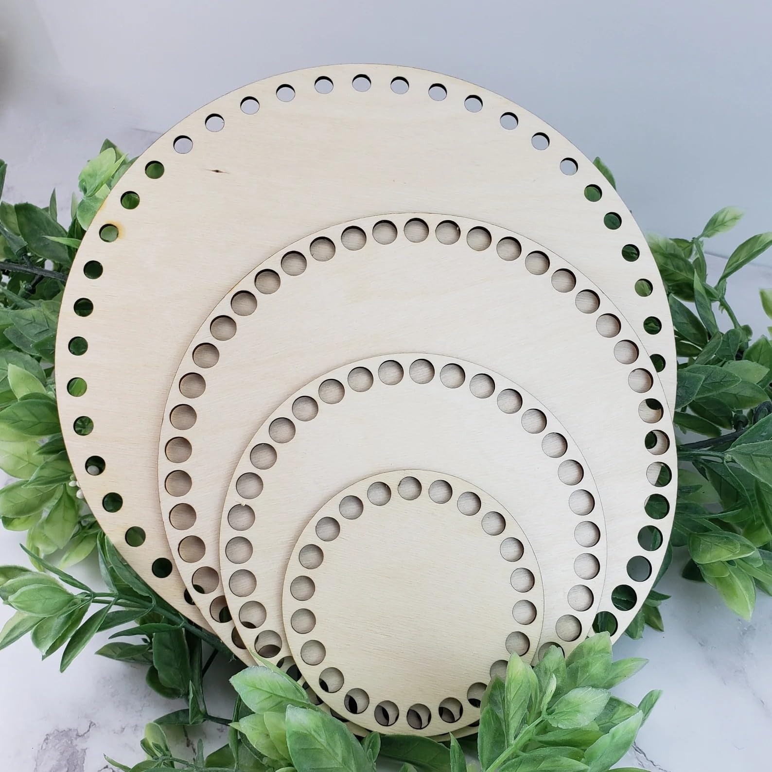 Curious Button Wooden Round Crochet Base Board with Holes | Sizes: 10,8,6,4 in 2.7mm Thick | DIY Basket, Knitting, Macrame & Craft Board for Crochet Projects, Handmade Gifts & Home Décor Set of 4 1