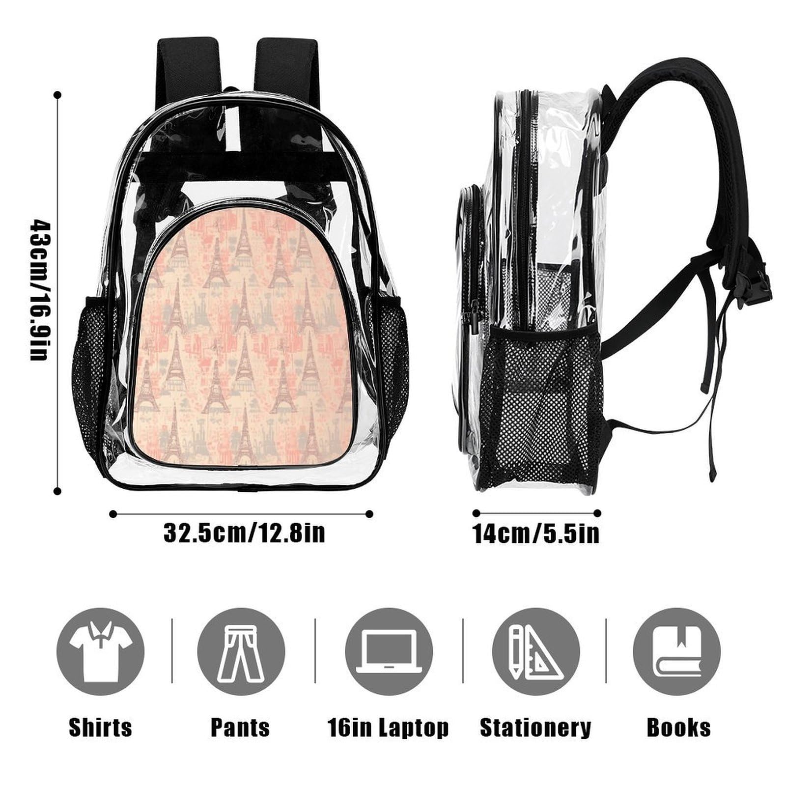 Rucksack mit Eiffelturm-Muster, Frankreich, transparent, transparent, aus PVC, für Sicherheit, Arbeit, Reisen, Stadion