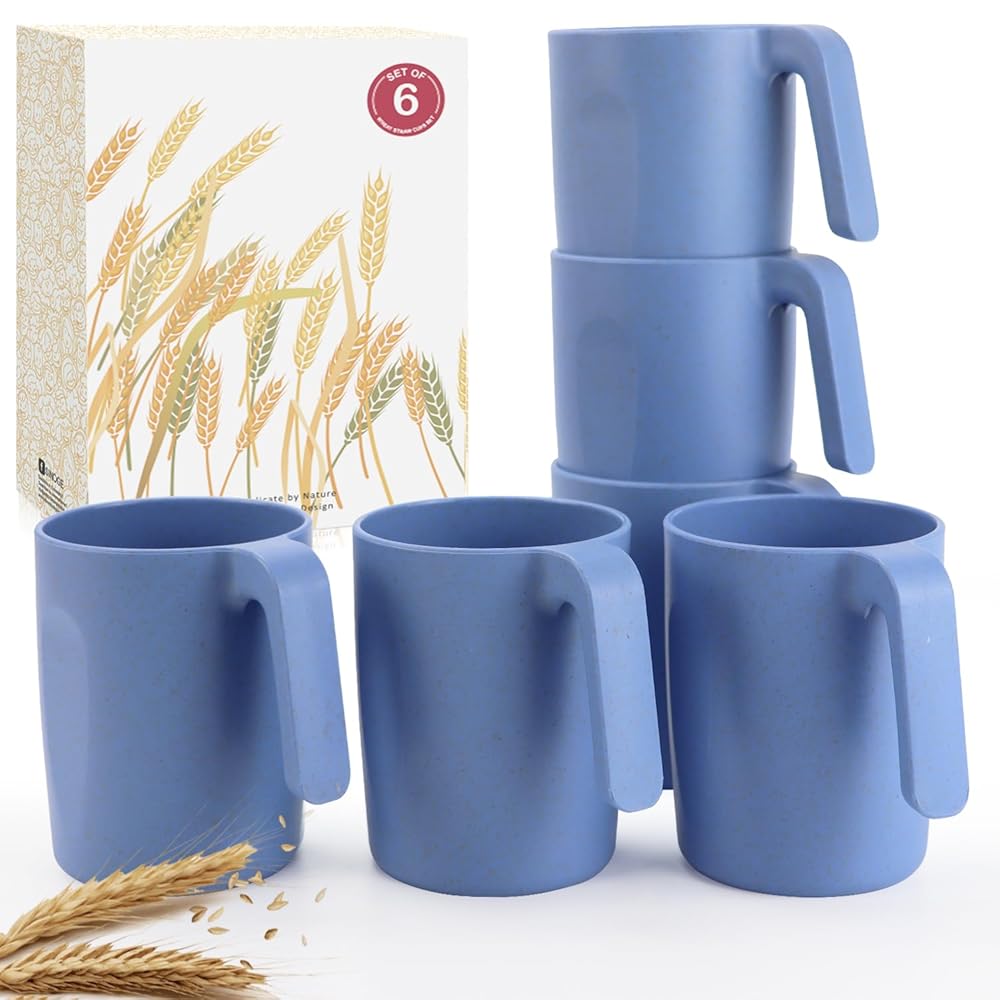 Wrova 16oz Wheat Straw Cups with handles set of 6-Plastic Cups Reusable-Unbreakable Kids Mugs-Dishwasher Safe & Microwave Safe-Ideal Plastic Mugs for Tea,Coffee,Camping,RV-Sky Blue