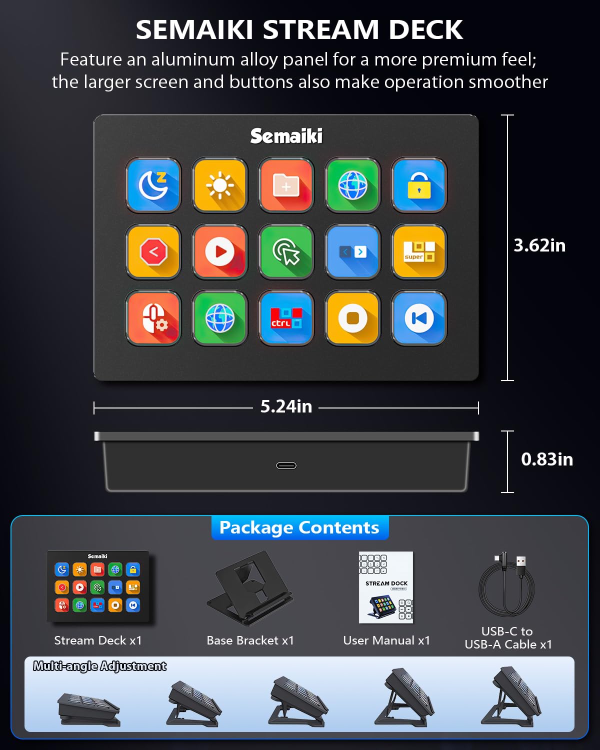 Semaiki Stream Controller Makrotastatur mit 15 anpassbaren LCD-Makrotasten, löst Aktionen in Apps und Software wie OBS, Twitch, Streamlabs, Discord, Mac & Windows aus