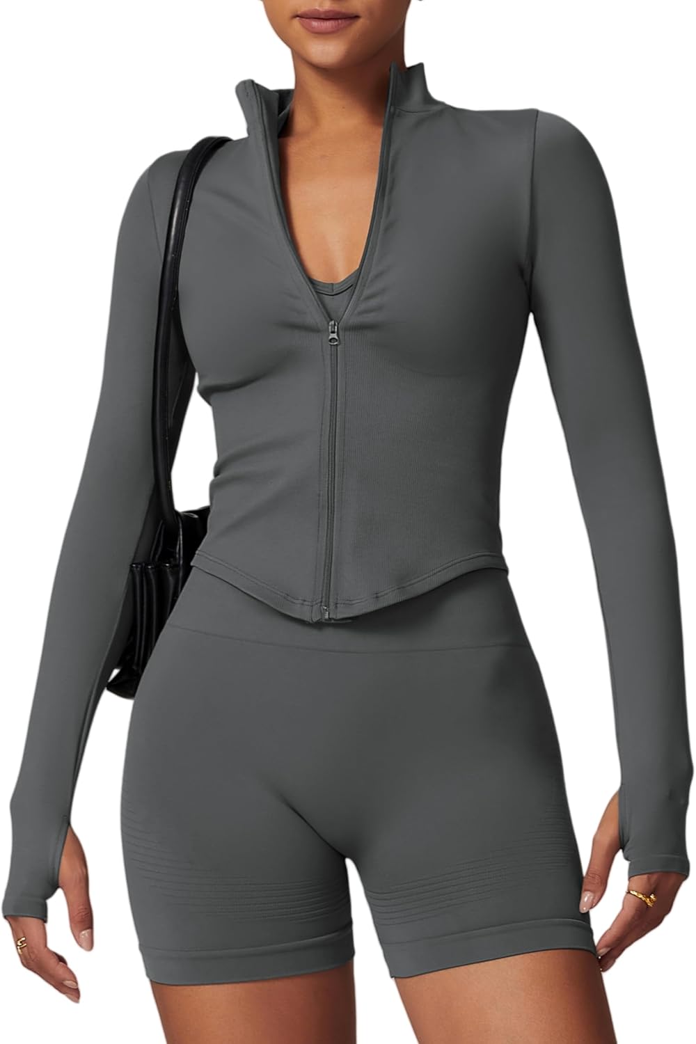 AGYMNX Women Full Zip Seamless Workout Jacket Running Yoga Slim Fit Track Workout Coat Cropped Athletic Long Sleeve Tops