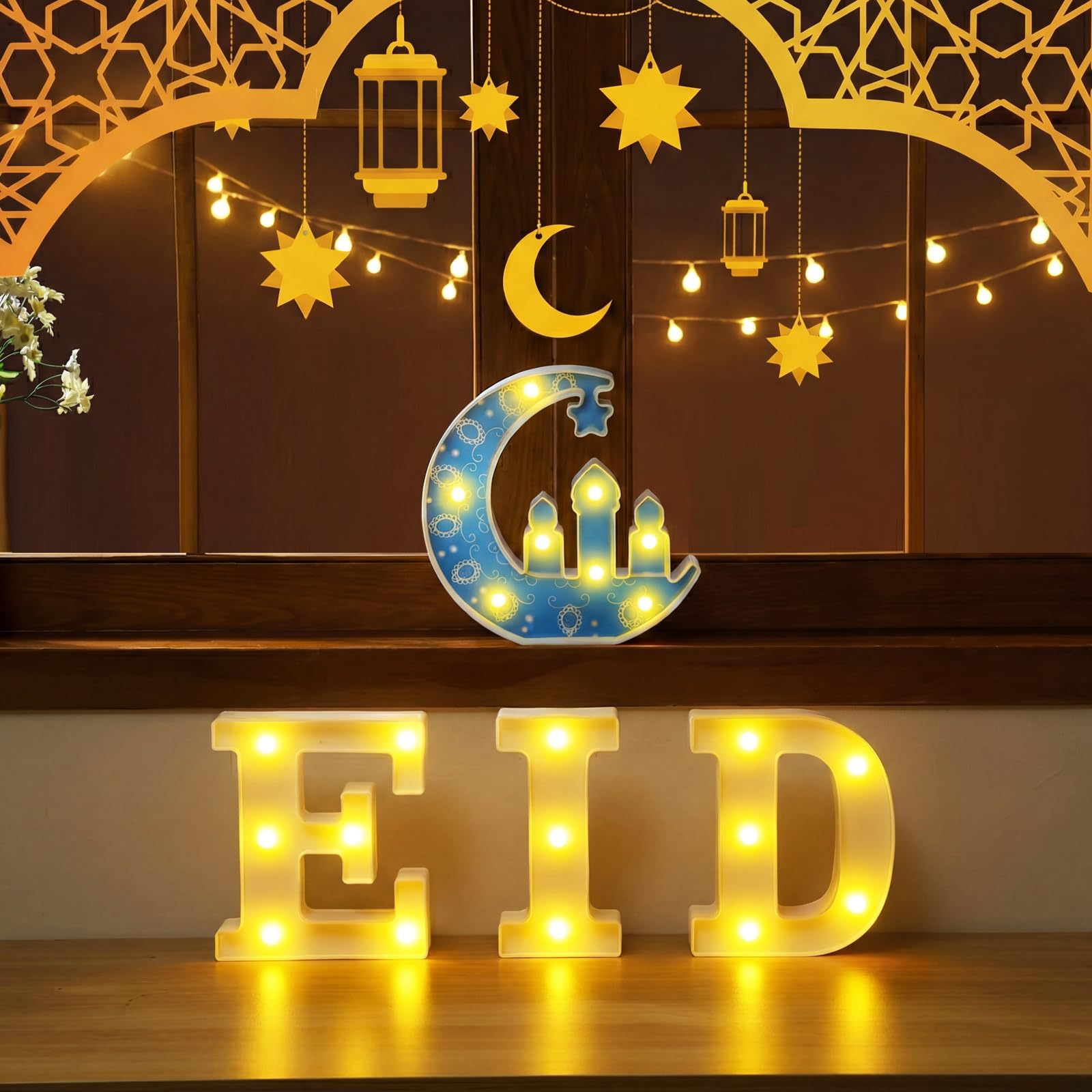 4 Pieces Eid Mubarak Decor for Home Ramadan Table Lights Decorations Eid Letter LED Lights Signs Ramadan Marquee Moon Star Lantern LED Muslim Lamp Centerpieces for Home Party Table Decorations