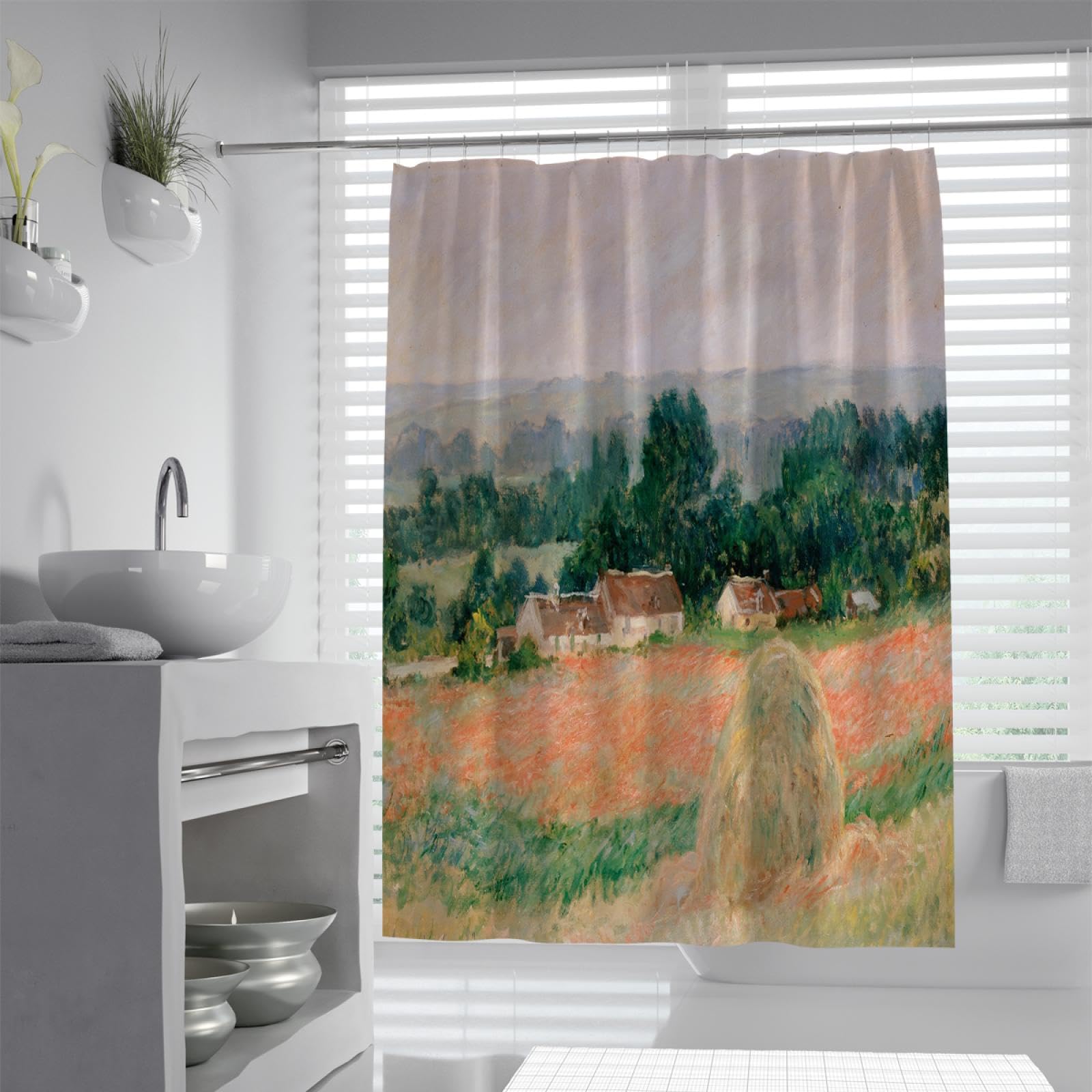 Weizenfeld-Duschvorhang-Einlage Landhaus-Badezimmer-Dekor-Sets mit Haken Claude Monet-Landschaft Polyester-Stoff-Duschvorhänge 180Bx220Lcm