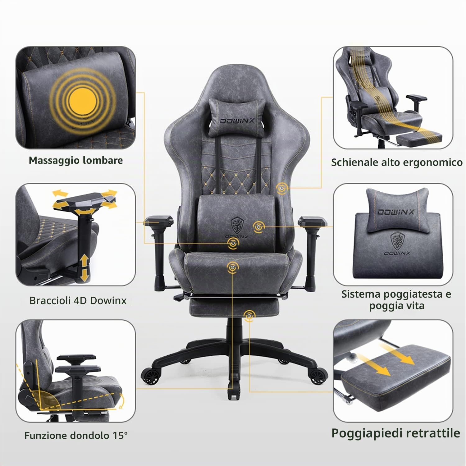 Dowinx Sedia da gioco ergonomica reclinabile in stile racing con supporto lombare massaggiante, braccioli 4D, sedia per computer in pelle PU con poggiapiedi retrattile grigio