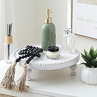 Vista 6 de SwallowLiving Soporte de Pie de Bandeja Redonda Blanca Rústica de Madera con Borde de Cuentas Estilo Granja con Acabado Blanco Lavado