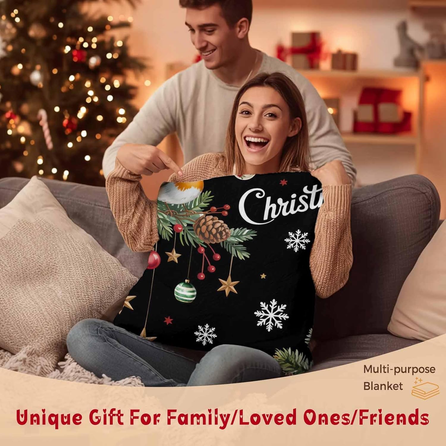 Merry Christmas Black Fleece Throw Blanket Bird on Holly Poinsettia Snow Xmas Ball Soft Fuzzy Blankets and Throws Cozy Warm Fleece Lightweight Winter Holiday Blanket for Bed Couch Sofa 40x50 Inch