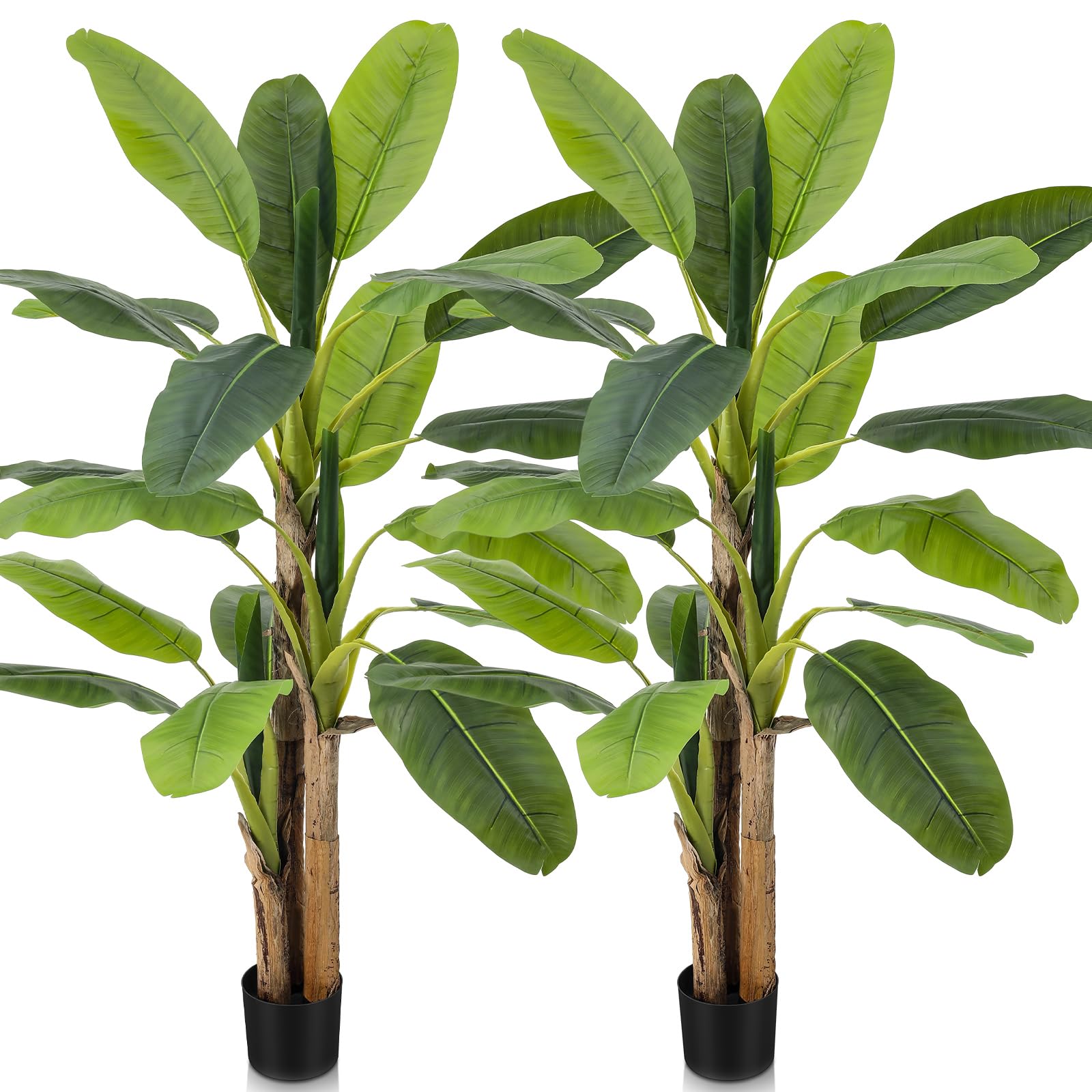 Jexine 2 Pack 6 Ft Artificial Banana Tree with Pot Faux Banana Plants Tall Faux Floor Leaf Plant with 3 Trunks and 19 Large Leaves for Indoor Home