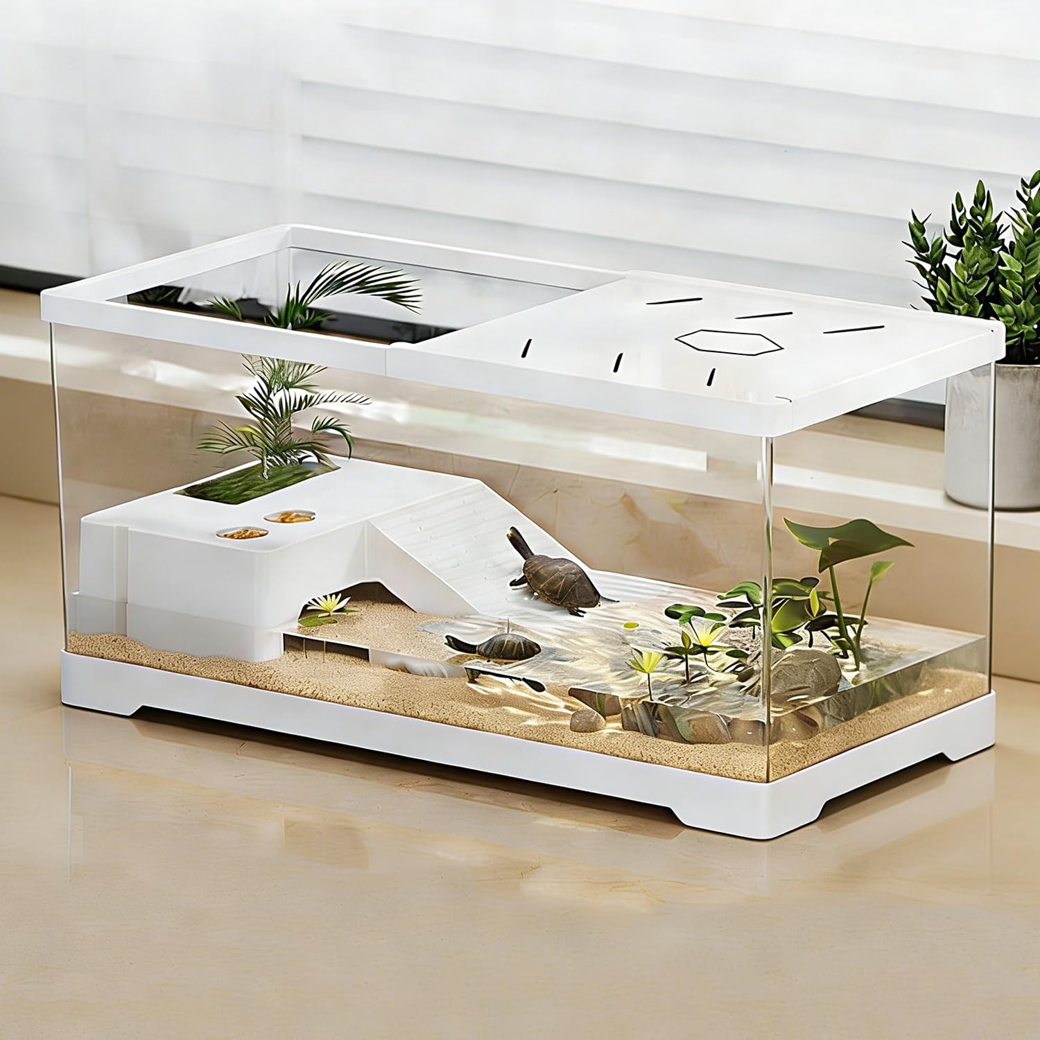 Aquarium pour Tortues avec Plateforme de Bain de Soleil et Drain au Fond 30 x 18 x 18,5 cm, Aquarium pour Jeunes Tortues, écrevisses, crabes, Amphibiens et Reptiles，Blanc - 2