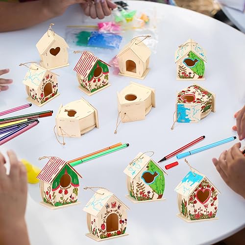 Miniatura 7 de Outus 24 Pieces Wooden Bird House Kits Bulk Birdhouse Craft Kits for Kids to Build DIY 4 Shapes Unfinished Bird House with Watercolor Pen and