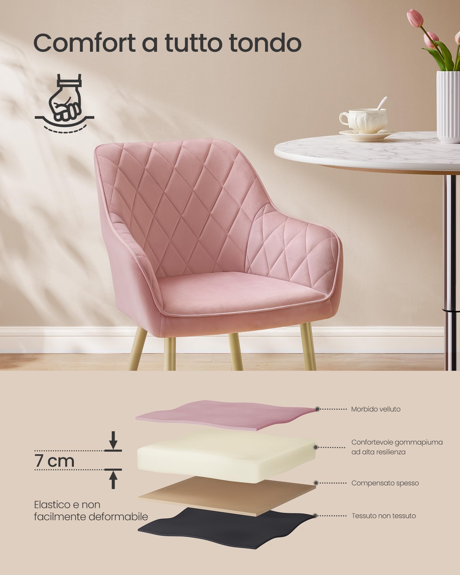 SONGMICS, Sedia, Poltrona Imbottita in Velluto, con Braccioli, Portata 120 kg, Gambe in Metallo, per Sala da Pranzo, Cucina, Rosa Pastello e Dorato Pallido LDC088R01, 60 x 62.5 x 85 cm
