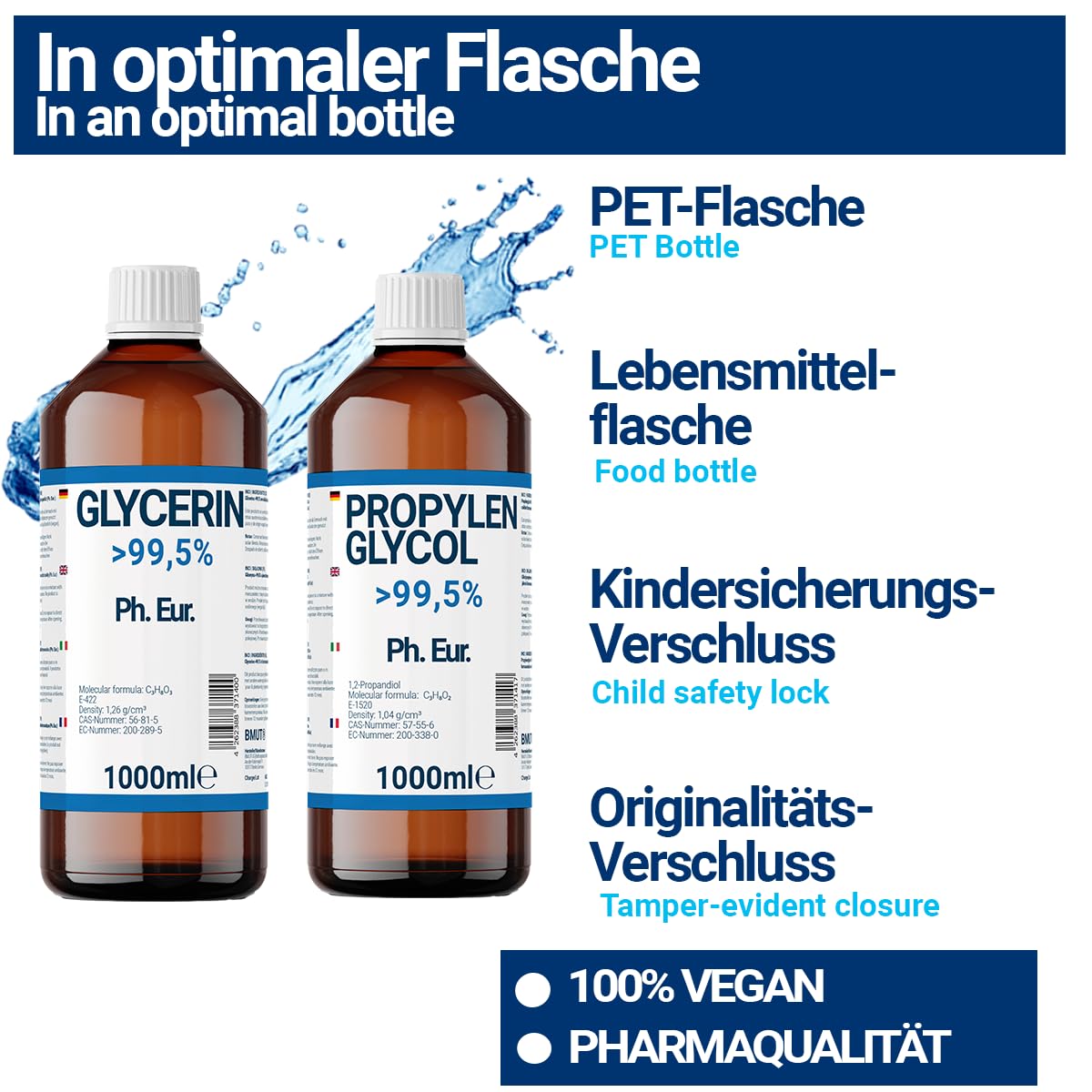 1000ml Glycerin + 1000ml Propylenglycol in Pharmaqualität | >99,5% | Rein | E422 + E1520 DIY