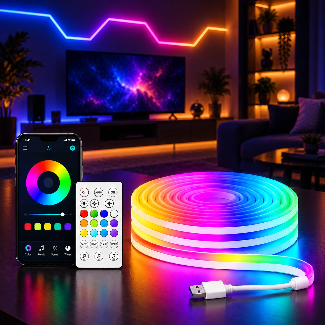 desidiya® rgb neon led strip light with app & remote control | music sync | usb powered | waterproof & flexible led rope light for room, gaming, party, diwali & home decoration ceiling strip lights