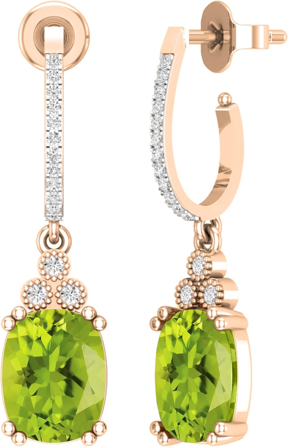 Dazzlingrock Collection 9x7mm Cushion Stone & Round White Diamond J-Shape Dangle Drop Earrings for Women with 14K Solid Rose Gold
