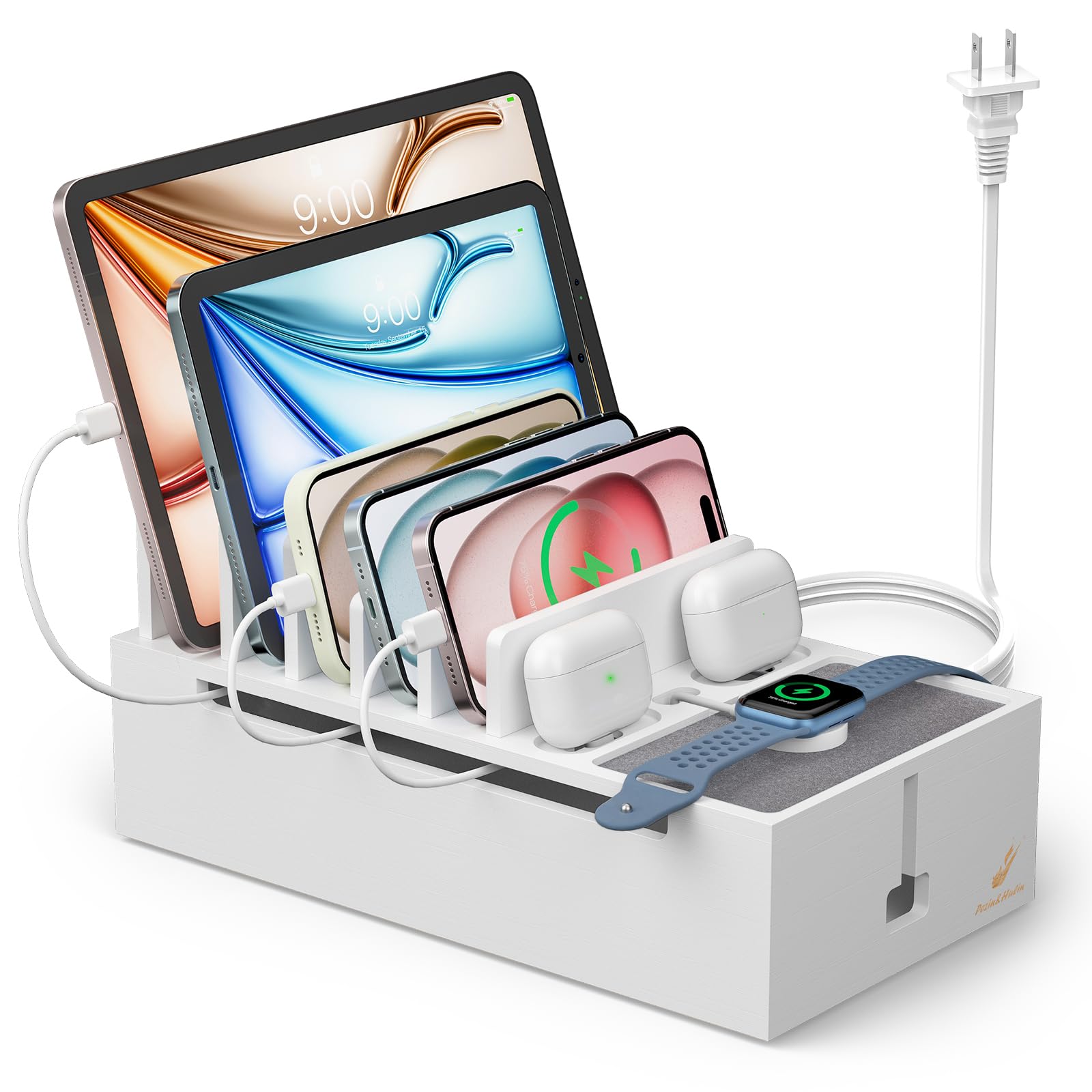 Photo 1 of Pezin & Hulin Bamboo Charging Dock Station for Electronic Devices, Docking Organizer for Phone and Tablets, Smart Watch, Earbuds, Power Strip Box (Included 5-Port USB Charger and 6 Cables) -White