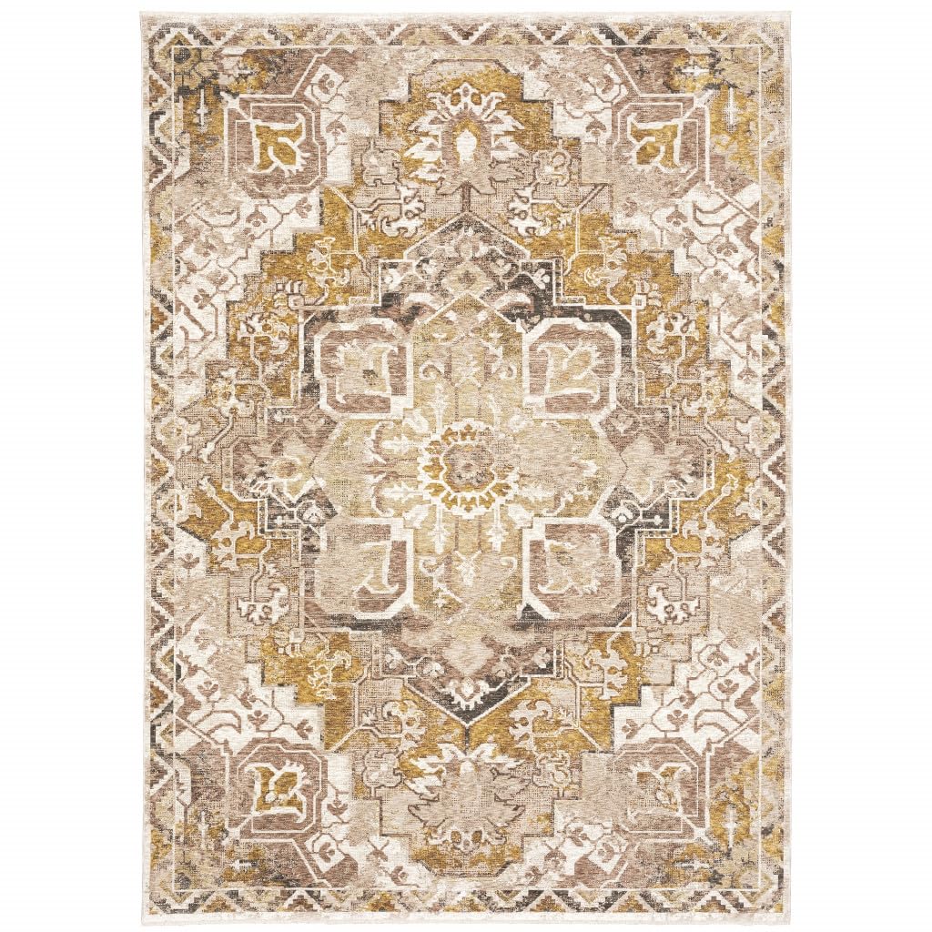 8 x 11 ft. Gold & Ivory Oriental Power Loom Stain Resistant Area Rug with Fringe