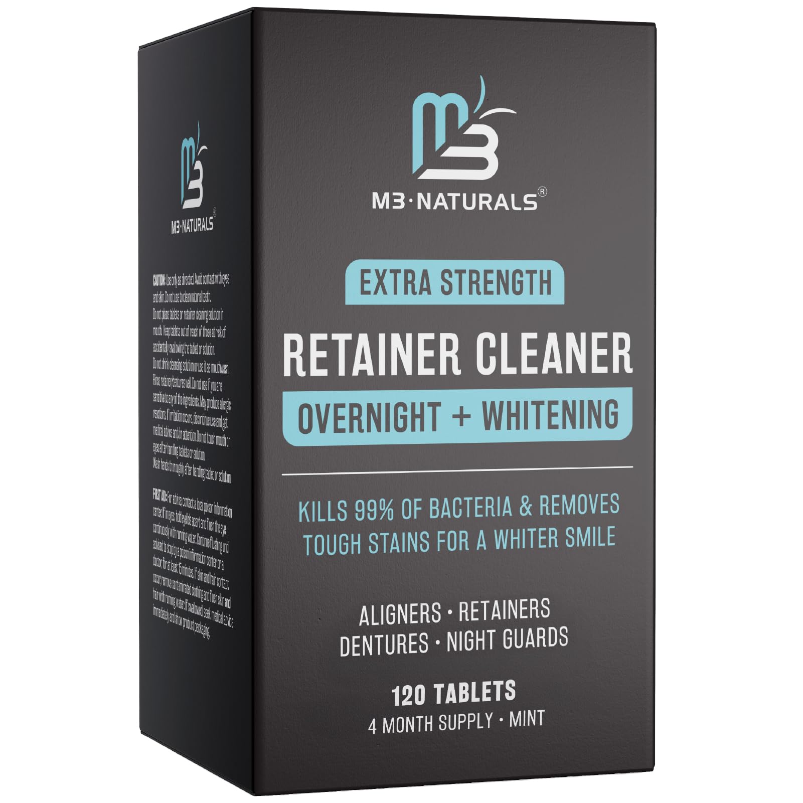 Overnight + Whitening Retainer Cleaner, Remove Stains, Discoloration, and Plaque | 4 Month Supply | Denture Cleanser with Whitening Boost,120 Tablets by M3
