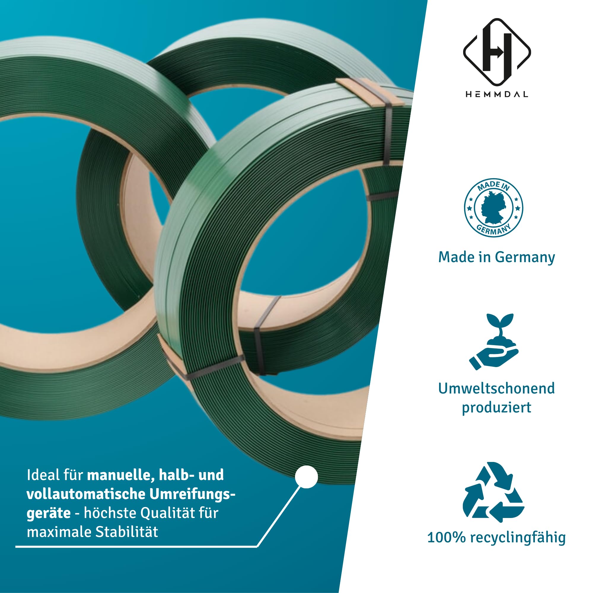 HEMMDAL Umreifungsband aus PET | 15 mm x 1.300 m | 0,89 mm Stärke | 4.600 N Bruchlast | 100% recyclingfähig | grün | gewaffelt/geprägt | für alle Umreifungsgeräte | Made in Germany