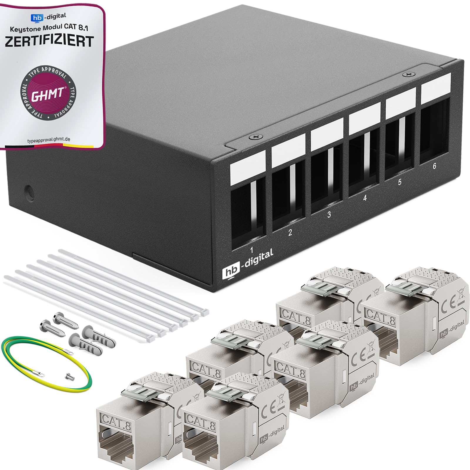 HB-DIGITAL Panel de conexiones de 6 puertos, 1 U, 6 módulos de conector Keystone RJ45, certificado GHMT, blindado STP 40 Gbps, compatible con cable de red LAN, color negro