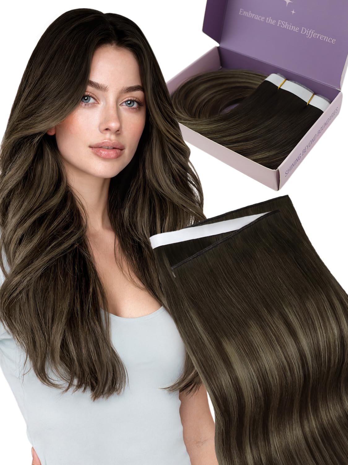 Fshine Extensiones Adhesivas Pelo Natural 20 Pulgadas 50g Cabello Humano Marrón Claro Balayage Rubio Y Marrón Claro Cinta 20Pcs Liso Color 6 60 6 — view 34